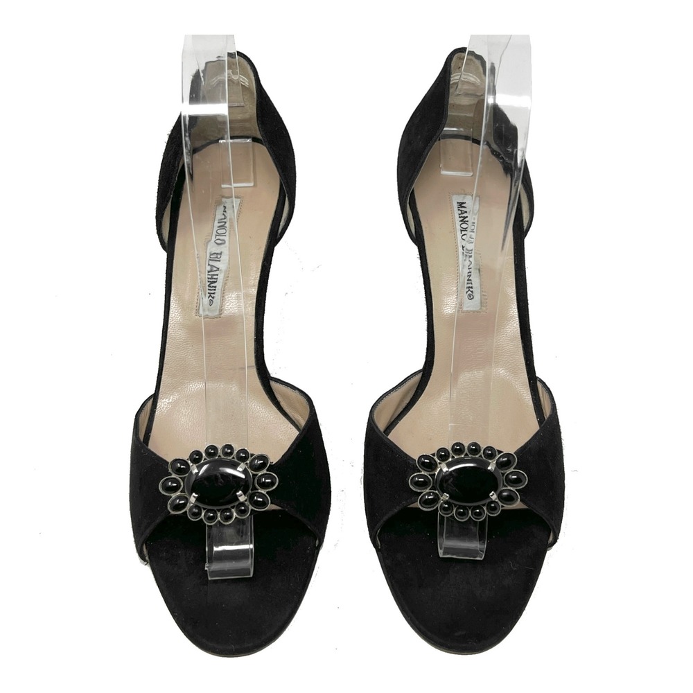 Vintage Manolo Blahnik Black Suede Peep Toe Pumps Stiletto Heels EU 38.5‎